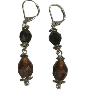 Stainless Steel Teal Amber  & Black Crystal Glass Earrings USA HANDMADE - Picture 1 of 3