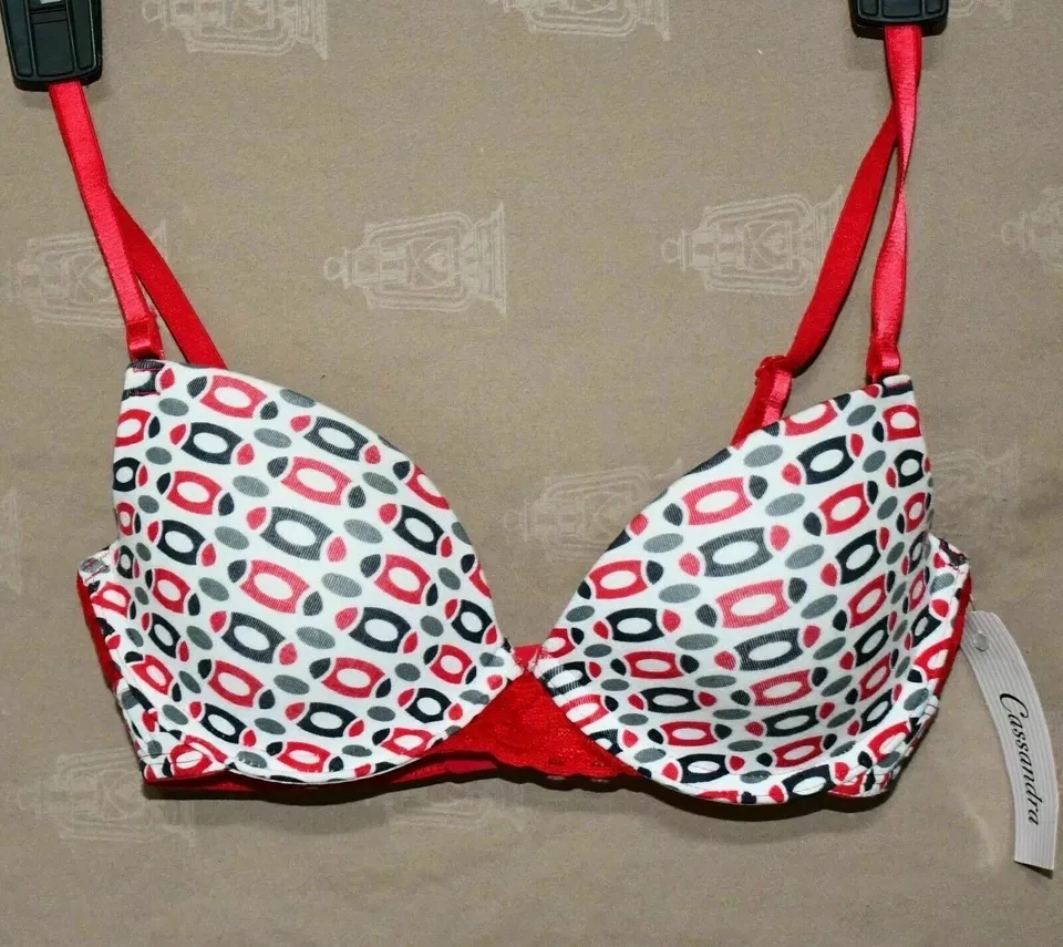 Cassandra Woman's Padded Bra - Red & Gray Geometric Pattern - 32DD