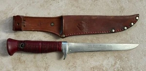 Vintage PUMA MARINER FISHING KNIFE 6362 SUPERKEEN Germany RED Handle USED Sheath - Picture 1 of 9