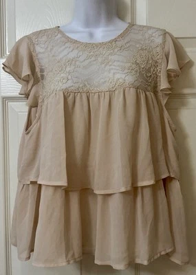 Forever 21 Blusa Volantes Sin Mangas Gasa Crema Encaje Femenino Mujer’s Talla OX Foto 1 de 4