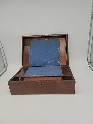 READ Antique Wood Travel Writing Lap Desk Document Box Brass Blue - Image 1 of 4