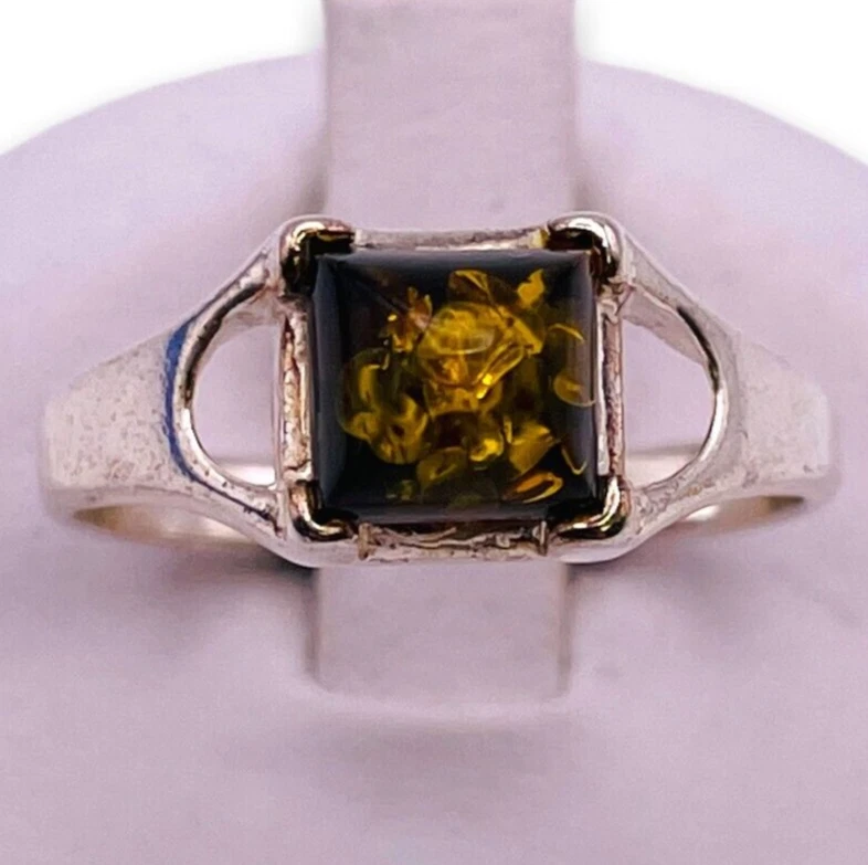 Anillo cuadrado ámbar verde real natural de plata de ley 925 6,75 - 5880 Foto 1 de 4