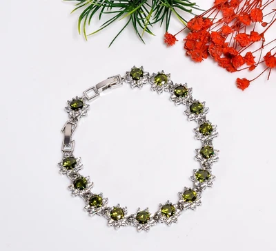 美丽的摩尔多瓦石和锆石手链 925 纯银手工手链礼物 — 第 1/3 张图片