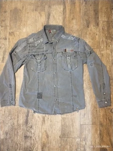 Vintage FUSAI Jeans Military Metal Snap RollTab Shirt Grunge Cyber Y2K Sz - Picture 1 of 4