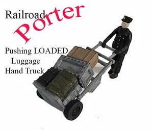 S Scale Railroad PORTER pushing Loaded Luggage Dolly FINISHED 1/64 scale figure - Picture 1 of 1