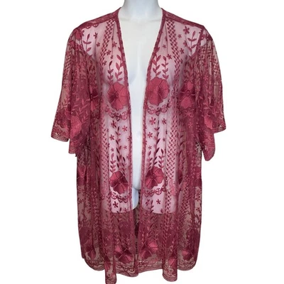TORRID Womens Burgundy Lace Kimono Cardigan Sz 3X/4X Floral Crochet Flowy Sheer - Image 1 of 4
