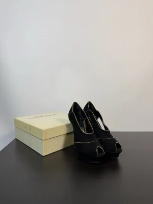 Zapatos de salón Yves Saint Laurent Rive Gauche gamuza recorte punta abierta plataformas talla 40 Foto 1 de 4