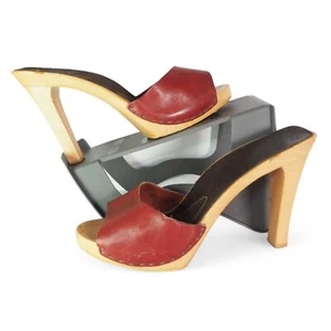 Bort Carleton Vintage 70s Wooden Heel Slip-on Heeled Clogs Red / Tan Women's 10 - Picture 1 of 11