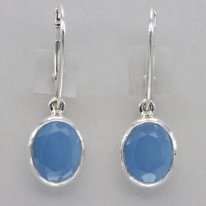 Blue Faceted Oval CHALCEDONY Leverback Dangle Earrings 925 STERLING SILVER #31e - Picture 1 of 12