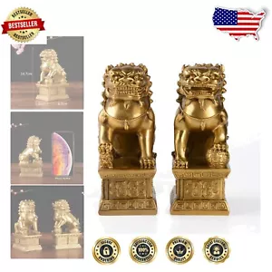 Elegant Pair of Brass Foo Dogs Guardian Lions - Feng Shui Home Decor Set - Picture 1 of 9