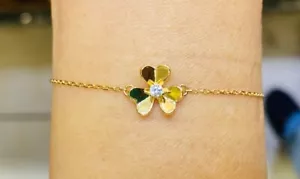 18K Solid Yellow Gold Flower Link Chain Bracelet 7.00 Inches 1.95GM(White Stone - Picture 1 of 8