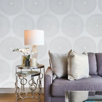Modern lace Glassbeads embossed textured white silver Metallic lines Wallpaper  - Image 1 of 4