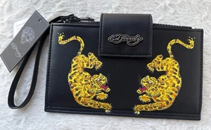 Ed Hardy Screaming Black Tigers Print Double Zip Wallet Wristlet Coin Card NWT - Picture 1 of 10