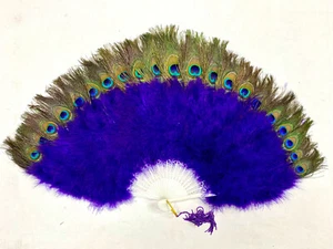 New MARABOU FEATHER FAN with Peacock Feathers 15" x 30" for Burlesque/Halloween - Picture 1 of 7