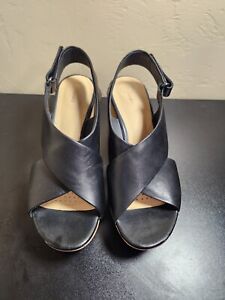Clarks Maritsa Lara Wedge Sandal Black Leather Cork Heel Size 6