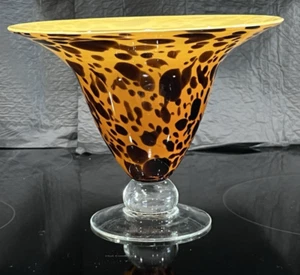 VTG Large Hand Blown Tortoise Pattern Pedestal Glass Bowl 6.75" x 8.75" Italy - Picture 1 of 13