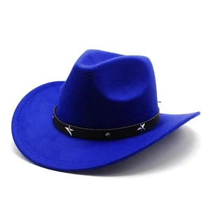 Blue Black Western Cowboy Cowgirl Hat Felt Wide Brim Star Band Unisex Rodeo - Picture 1 of 4