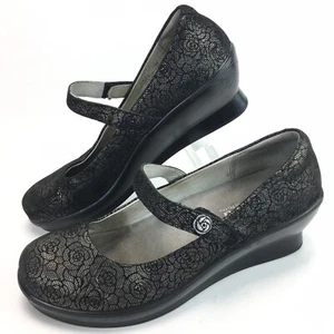 ALEGRIA Metallic Black Rose Mary Jane Wedge Heels Comfort Shoes Size 9.5 FLA-553 - Picture 1 of 10