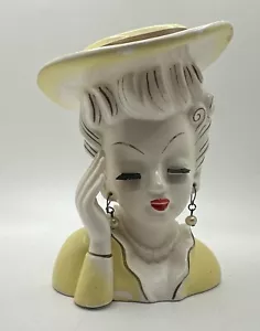 VTG Lady Head Vase Yellow Hat Dress White Hair Dangle Earrings Lash Chipped - Picture 1 of 10
