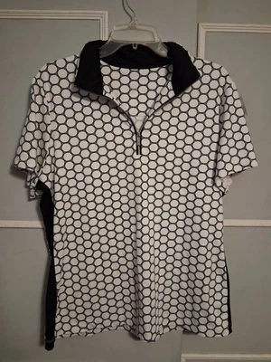 Camisa polo feminina cauda golfe tamanho XL branca preta manga curta zíper pulôver top - Imagem 1 de 4