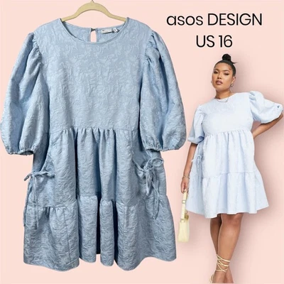 ASOS Design Curve US 16 Jacquard Tiered Mini Dress Blue Floral Babydoll Pastel - Image 1 of 4