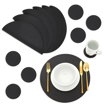Set of 6 Black Faux Leather Round Placemats with Coasters for Table, 13.4" - Image 1 of 4