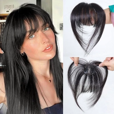 Human Hair Wispy Bangs Natural Black Clip In Air Bangs Women Fringe with Temples - Image 1 of 4