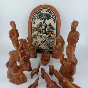 Hand Carved Wooden 13 Piece Nativity Set Sierra Leone African Style Tribal Art - Picture 1 of 20