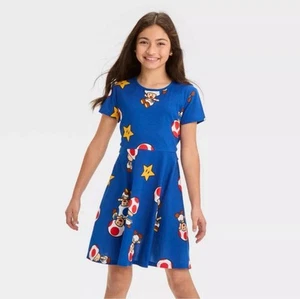 NWT Nintendo Super Mario Girls Side Cutout Toad Dress Blue Size L - Picture 1 of 5
