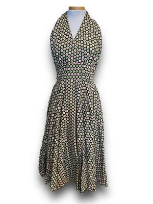 Vintage Green & Pink Floral Geometric Patterned Halter Dress - Image 1 of 4