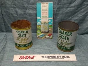Par de latas de cuarto de galón de aceite de motor Quaker State vintage con mapa incluido - Imagen 1 de 12