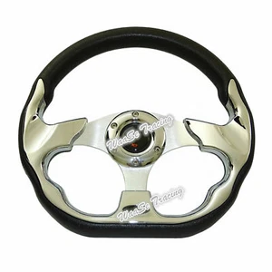 Universal 320mm 12.5" PVC Leather Racing Auto Steering Wheel Horn Button Chrome - Picture 1 of 6