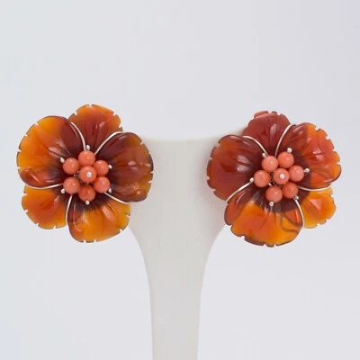 ORECCHINI IN ARGENTO 925 CON CORALLO ROSA E FIORE DI AGATA ROSSA 0472 B - Immagine 1 di 4