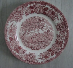 Vintage Luneville France English Style red Transferware Plate church  brook - Picture 1 of 5