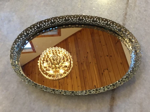 Vtg Antique Mirrored Vanity table centerpiece tray pierced gold ormolu Plateau Cover
