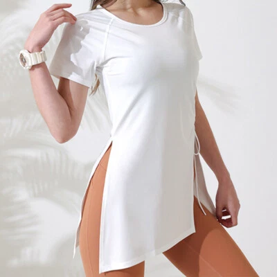 Mujeres Camisas de Entrenamiento Manga Corta Yoga Fitness Cordón Lateral Dividido Camiseta Deportiva. Foto 1 de 4