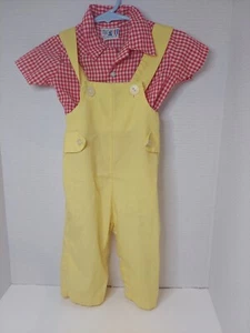 Vintage Billy The Kid 1970s Yellow Overalls + Red/White Checkered T-Shirt 12 Mo. - Picture 1 of 12