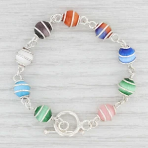 Nuovo Bracciale In Vetro Caged In Argento Sterling 6.75" Con Perline Multicolore - Foto 1 di 3