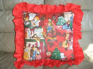 EUC Christmas THROW PILLOW Filled Cushion w/RUFFLE 16x16 SANTA & A Family w Kids - Picture 1 of 4