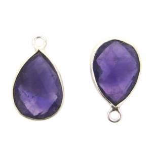 Bezel Gem Pendant Sterling Silver Natural Amethyst Quartz Teardrop-10x14mm(2pcs) - Picture 1 of 5