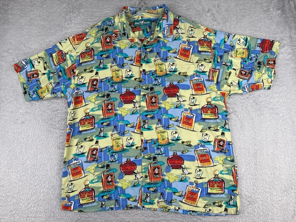 Camisa Big Dogs Adulto 2XL XXL Azul Verde Frutas Cócteles 100% Rayón Hawaiano Foto 1 de 4