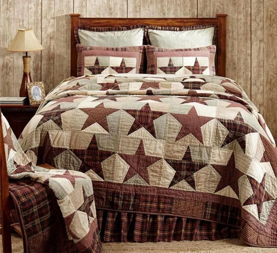 ABILENE STAR Luxury King XXL QUILT : 100% COTTON RED BROWN PLAID FARMHOUSE - Image 1 of 2