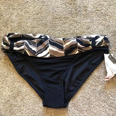 NEW NWT LEILANI Black Brown White Printed Belted Ruched Bikini Swim BOTTOM sz 10 - Image 1 of 4