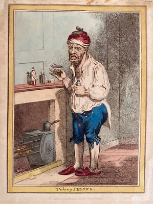Antigua impresión satírica de 1827; tomando física / medicina después de James Gillray Foto 1 de 3