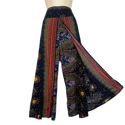 Rayon wide leg wrap pants XS S black red sun boho palazzo high stretch waist - Image 1 of 4