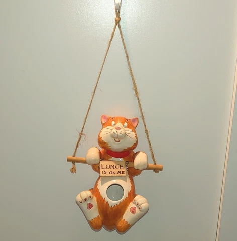 GANZ Orange & White Cat Ceramic Hanging Bird House  “Lunch Is On Me” EUC Cover