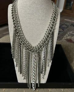 Vintage Signed ROBERT ROSE Cupchain Fringe Necklace Gunmetal w/Rhinestones - Picture 1 of 7