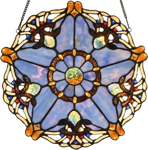 Bieye W10074 Baroque Tiffany Style Stained Glass Window Hanging 12"W, Blue  - Picture 1 of 6