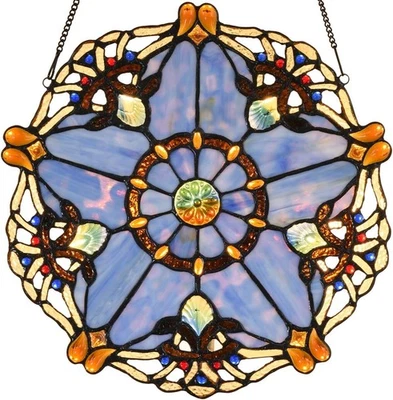 Bieye W10074 Baroque Tiffany Style Stained Glass Window Hanging 12"W, Blue  - Image 1 of 4