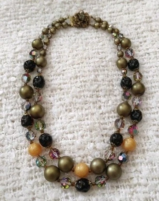 Kurze Halskette Collier Vintage Calcit Naturstein Glas 42 cm 2 Stränge - Bild 1 von 4